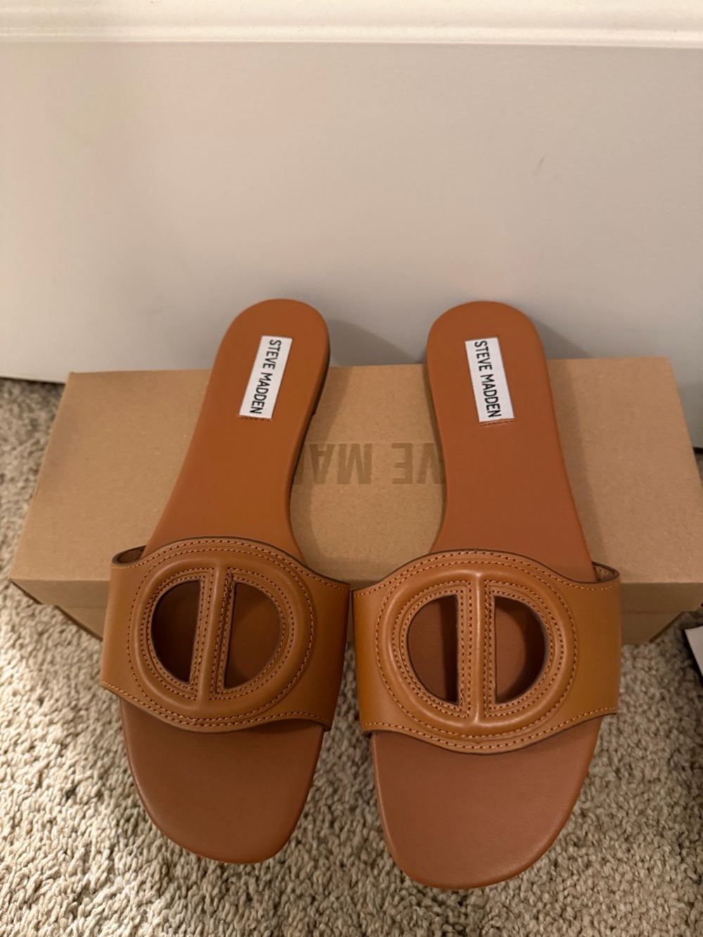 Steve Madden Cognac Slide Sandals with Circular Cutout Strap
